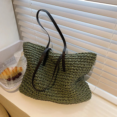 Woven Straw Boho Tote with Zip