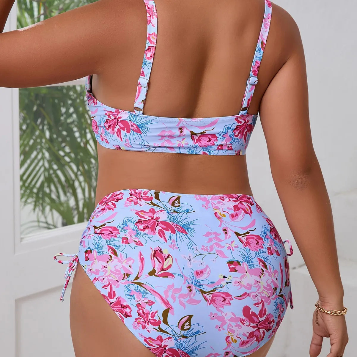 Pink floral plus size swimsuit with