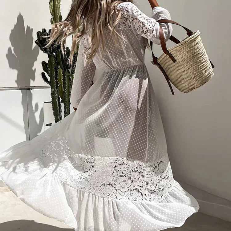 Long transparent beach cover-up with polka dots- lace and a tie at the waist