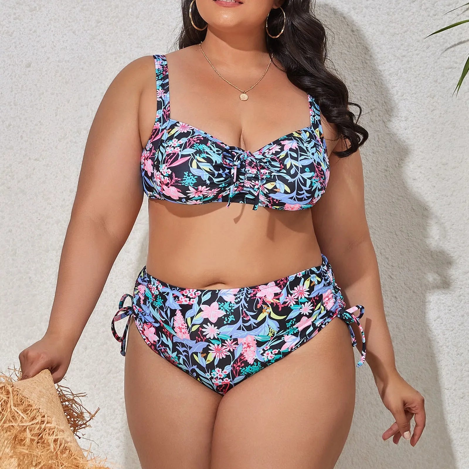Plus Size Solid One-Piece – Classic V-Neck Ruffle Trim