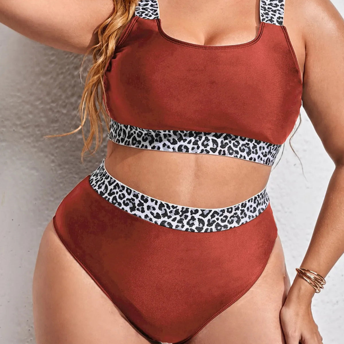 Leopard Trim Plus Size Bikini – Scoop Neck & High-Waist Bottom