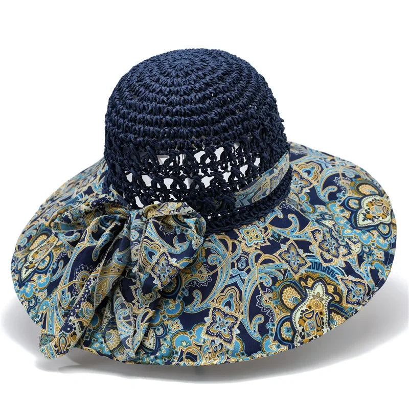 Women's Crochet Straw Sun Hat — Paisley Fabric Brim & Bow