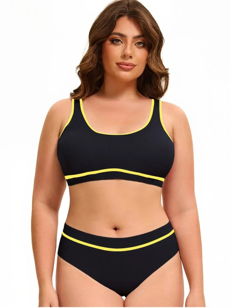Solid Color Plus Size Bikini – Scoop Neck & Contrast Stripe Trim
