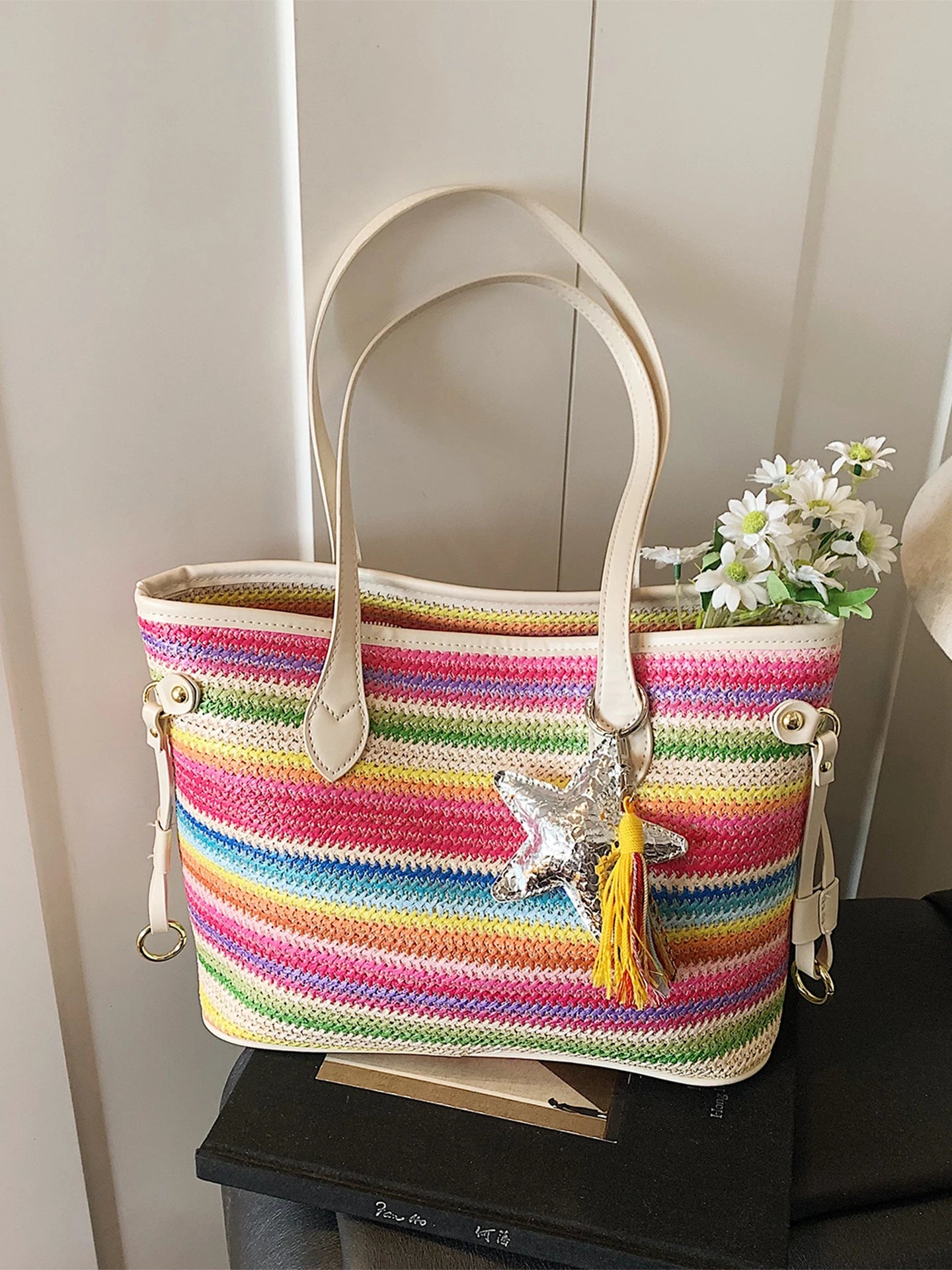 Striped Straw-Effect Tote with Zip