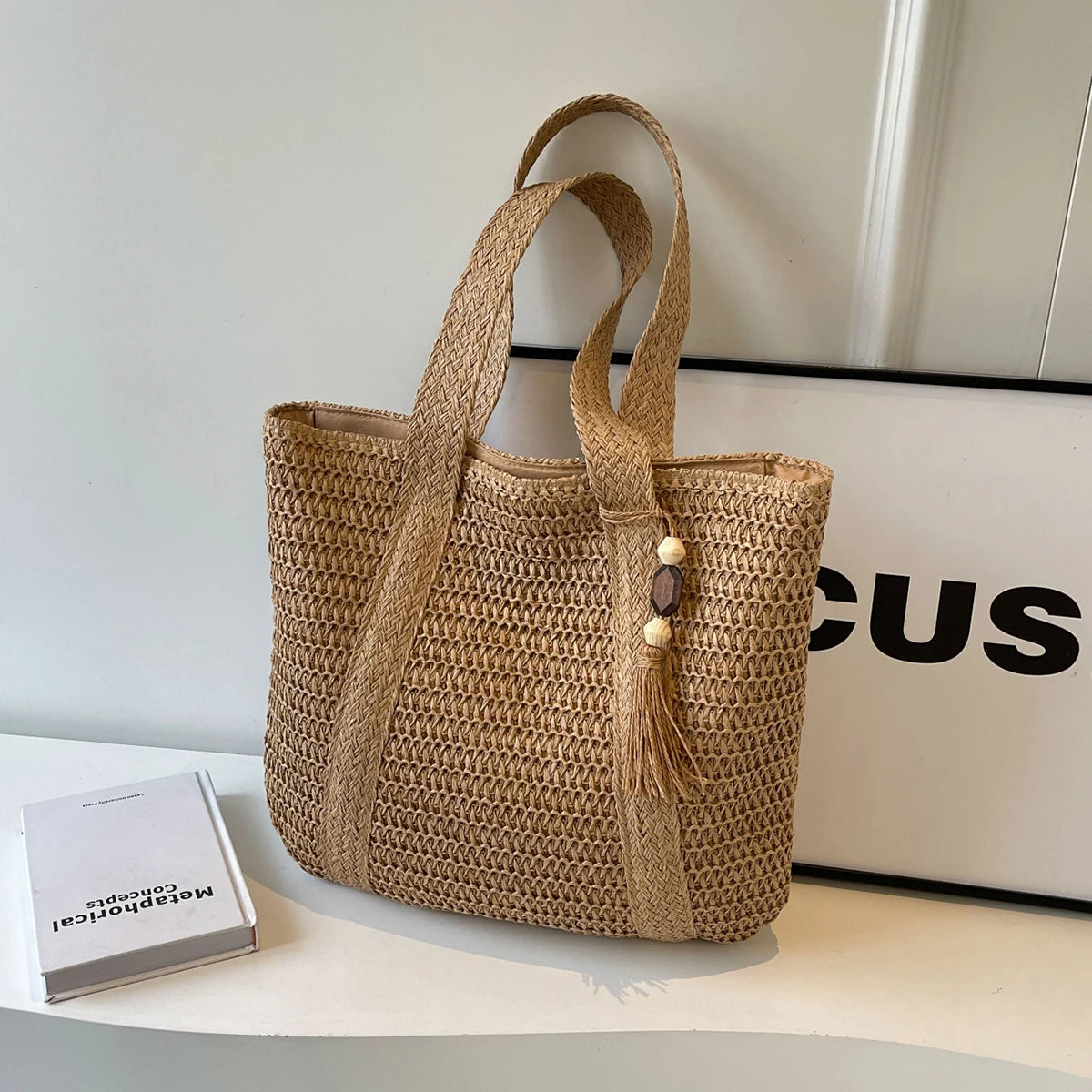 Lined Straw Tote with Zipper & Tassel