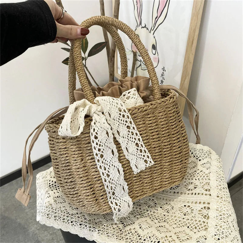 Mini Woven Straw Bucket with Drawstring