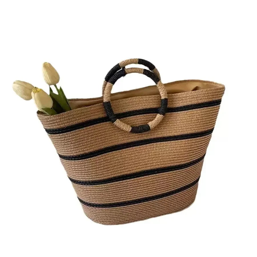 Striped Woven Straw Bucket Tote