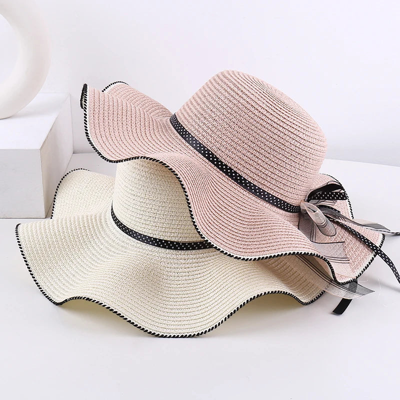 Women's Wide-Brim Sun Hat — Wavy Edge & Sheer Bow