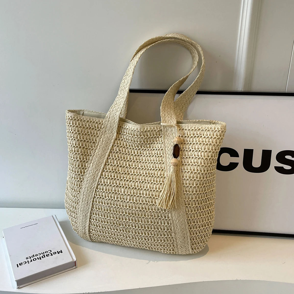 Lined Straw Tote with Zipper & Tassel