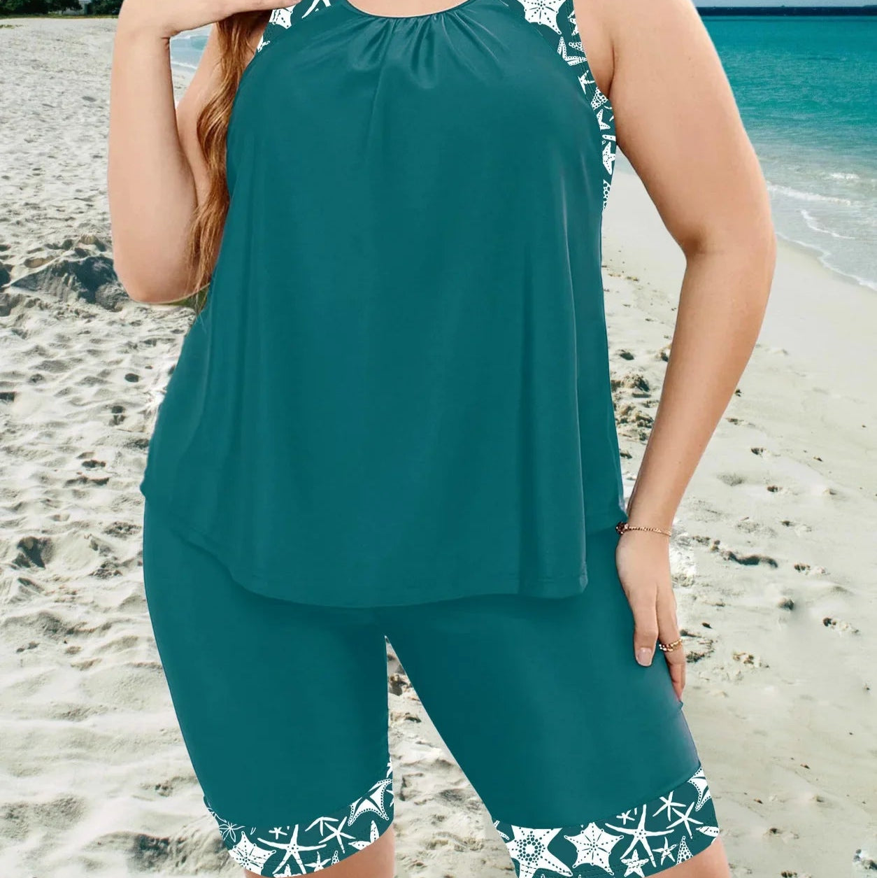 Floral Vest-Style Plus Size Tankini Set – Mid-Thigh Shorts