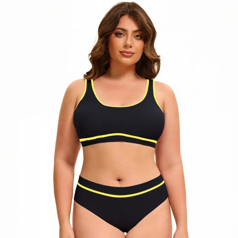 Solid Color Plus Size Bikini – Scoop Neck & Contrast Stripe Trim