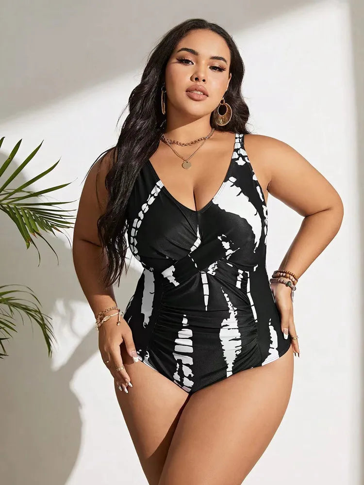 Sensation Plus Size One-Piece-Neck V Elegance in black and white
