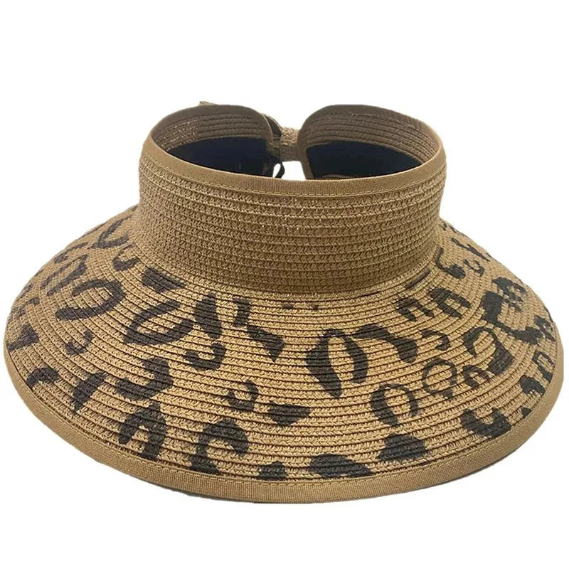 Women's Straw Beach Visor — Leopard-Print Brim