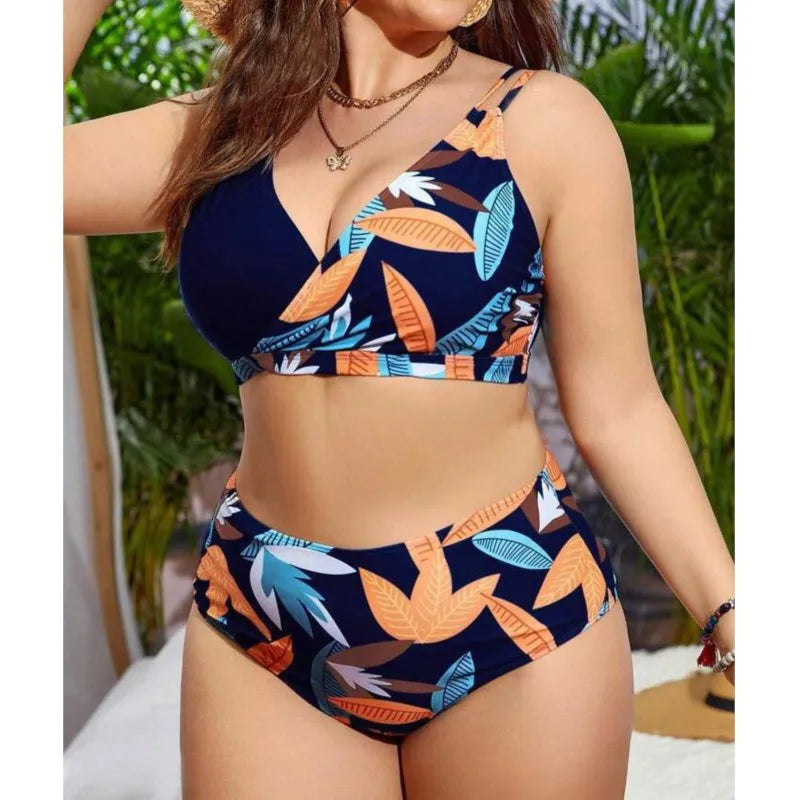 Women's Plus Size V-Neck Colorblock Floral Bikini Set