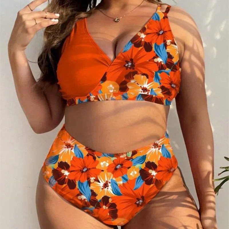 Women's Plus Size V-Neck Colorblock Floral Bikini Set