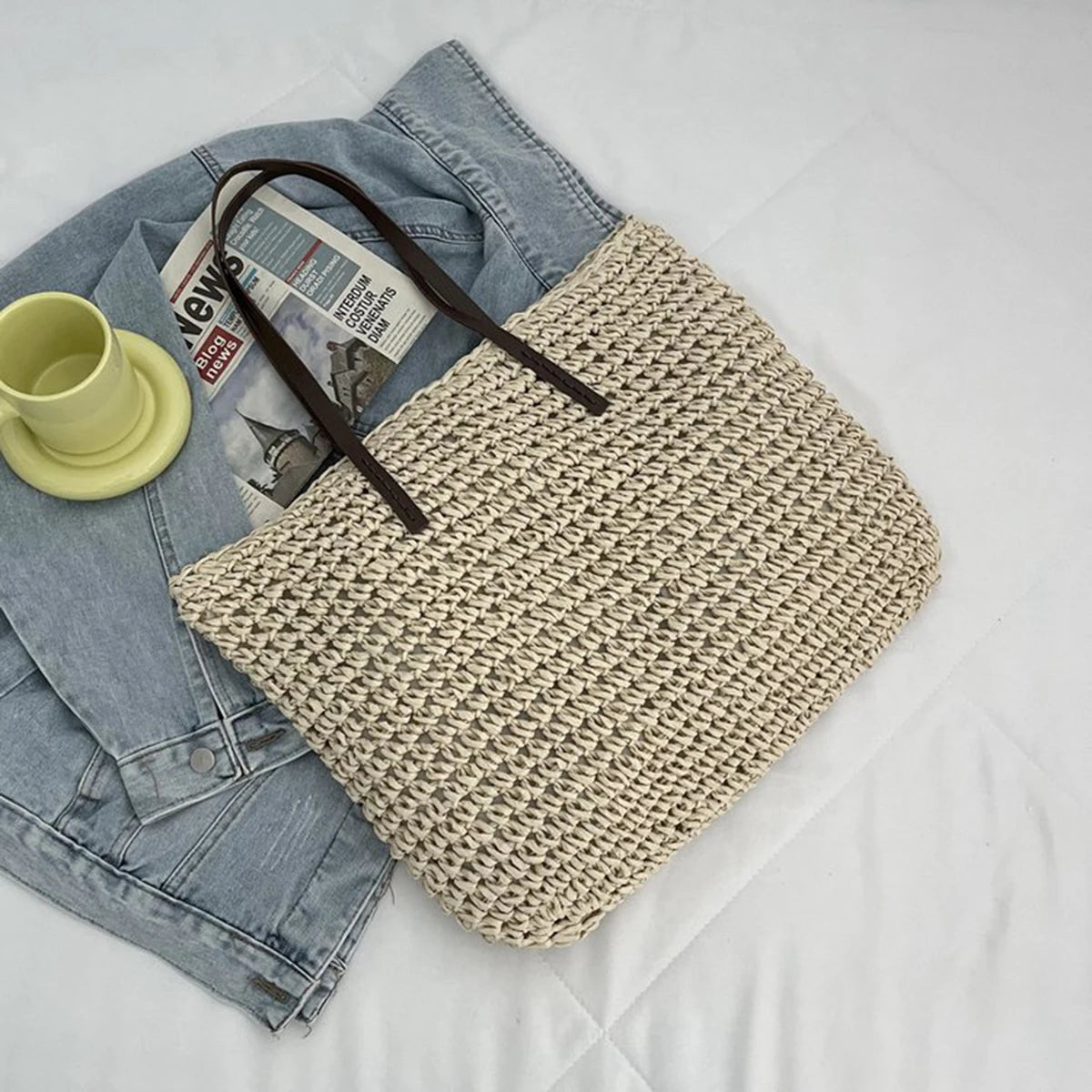 Woven Straw Boho Tote with Zip