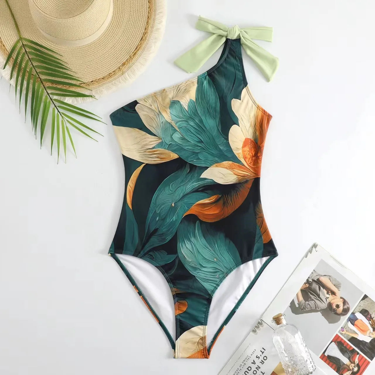 Pacific Aura — One-Shoulder Printed Swimsuit + Long Cover-Up