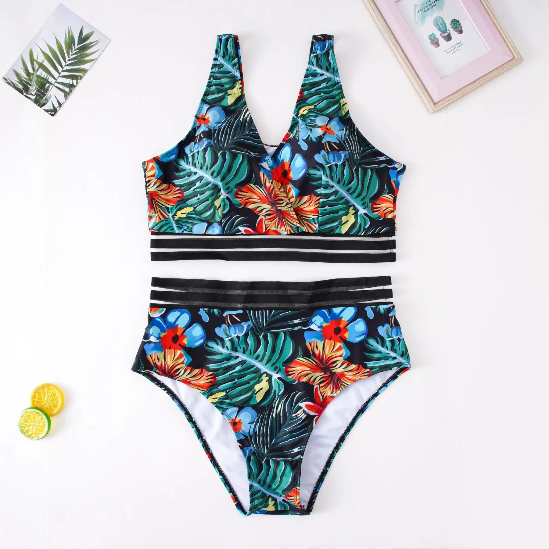 Modern black floral bikini