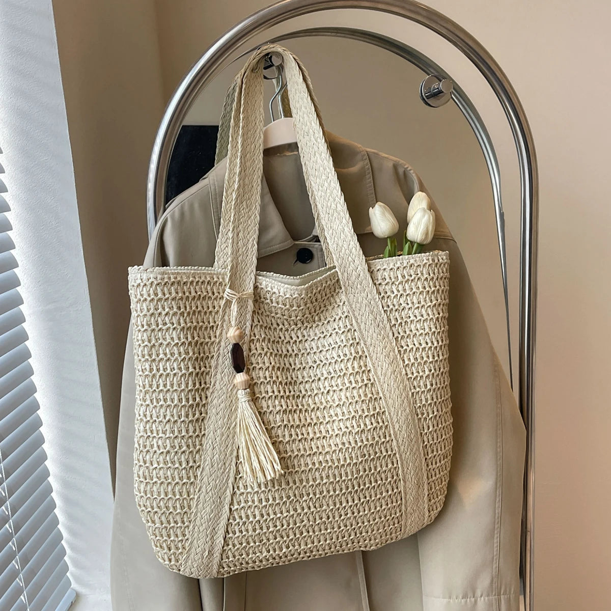 Lined Straw Tote with Zipper & Tassel