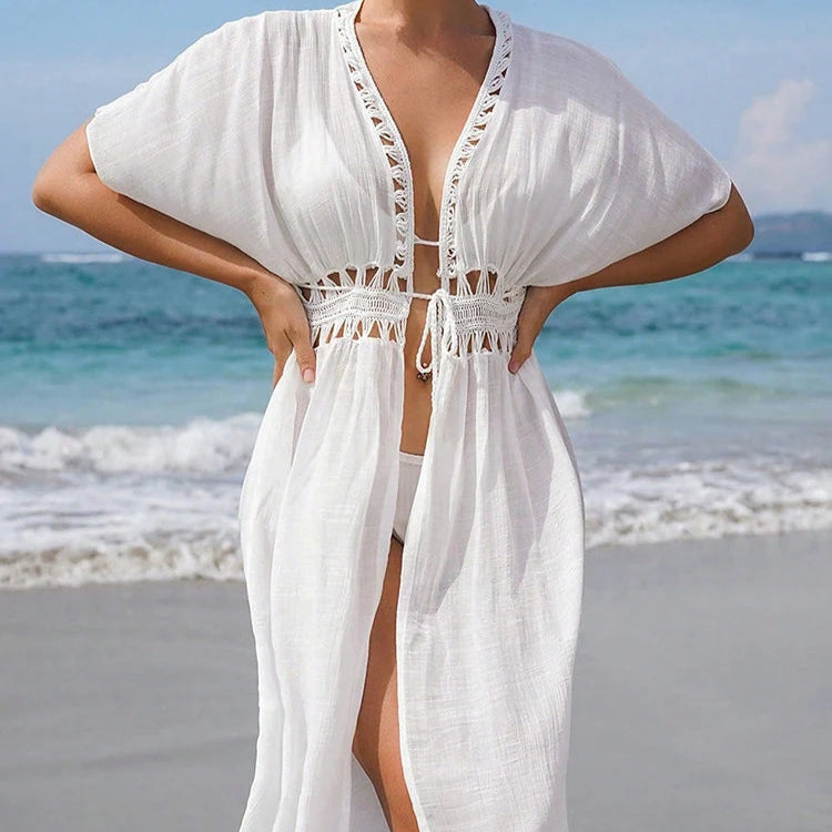 Elegant beach cover-up with crochet details