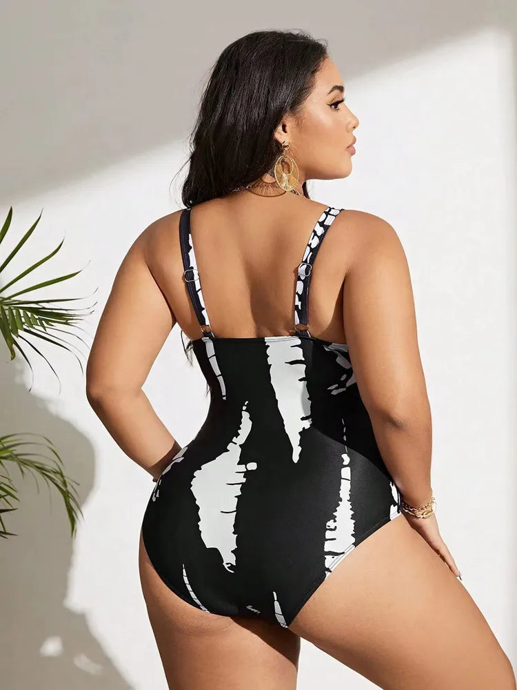 Sensation Plus Size One-Piece-Neck V Elegance in black and white