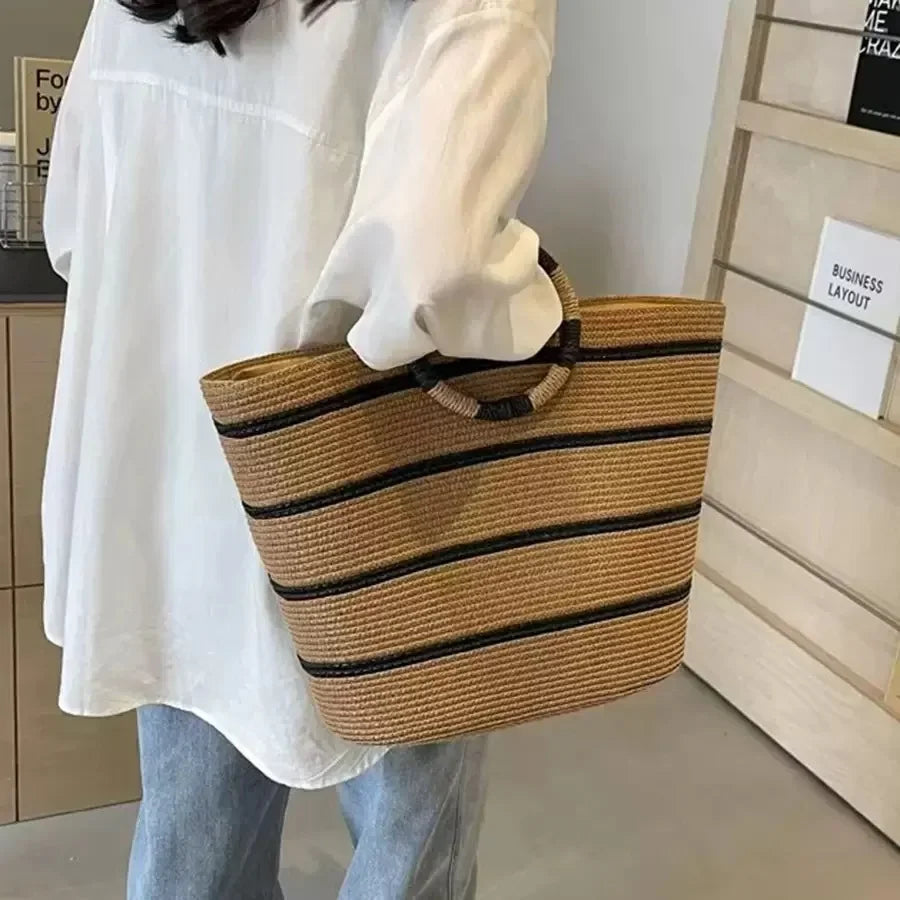 Striped Woven Straw Bucket Tote