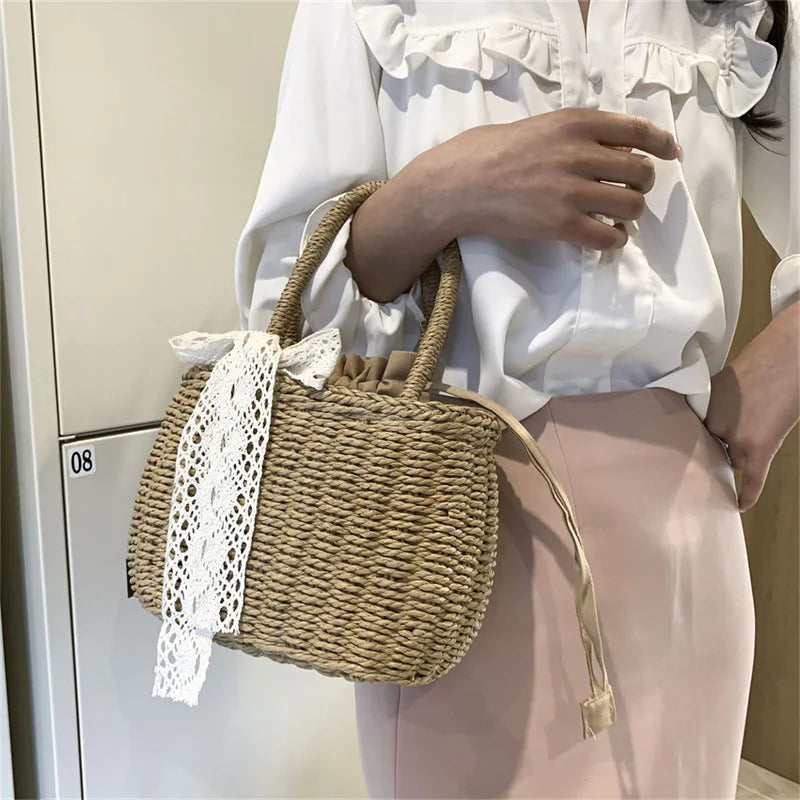 Mini Woven Straw Bucket with Drawstring