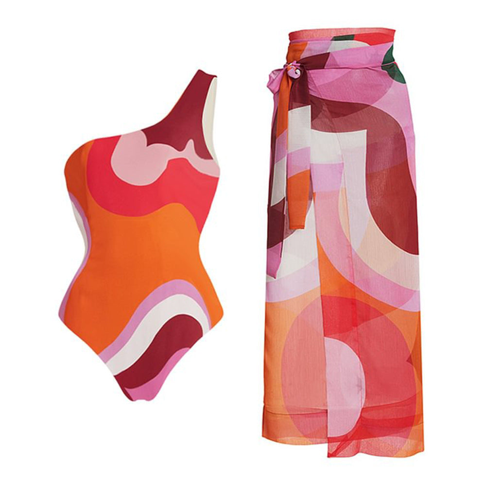Pacific Aura — One-Shoulder Printed Swimsuit + Long Cover-Up