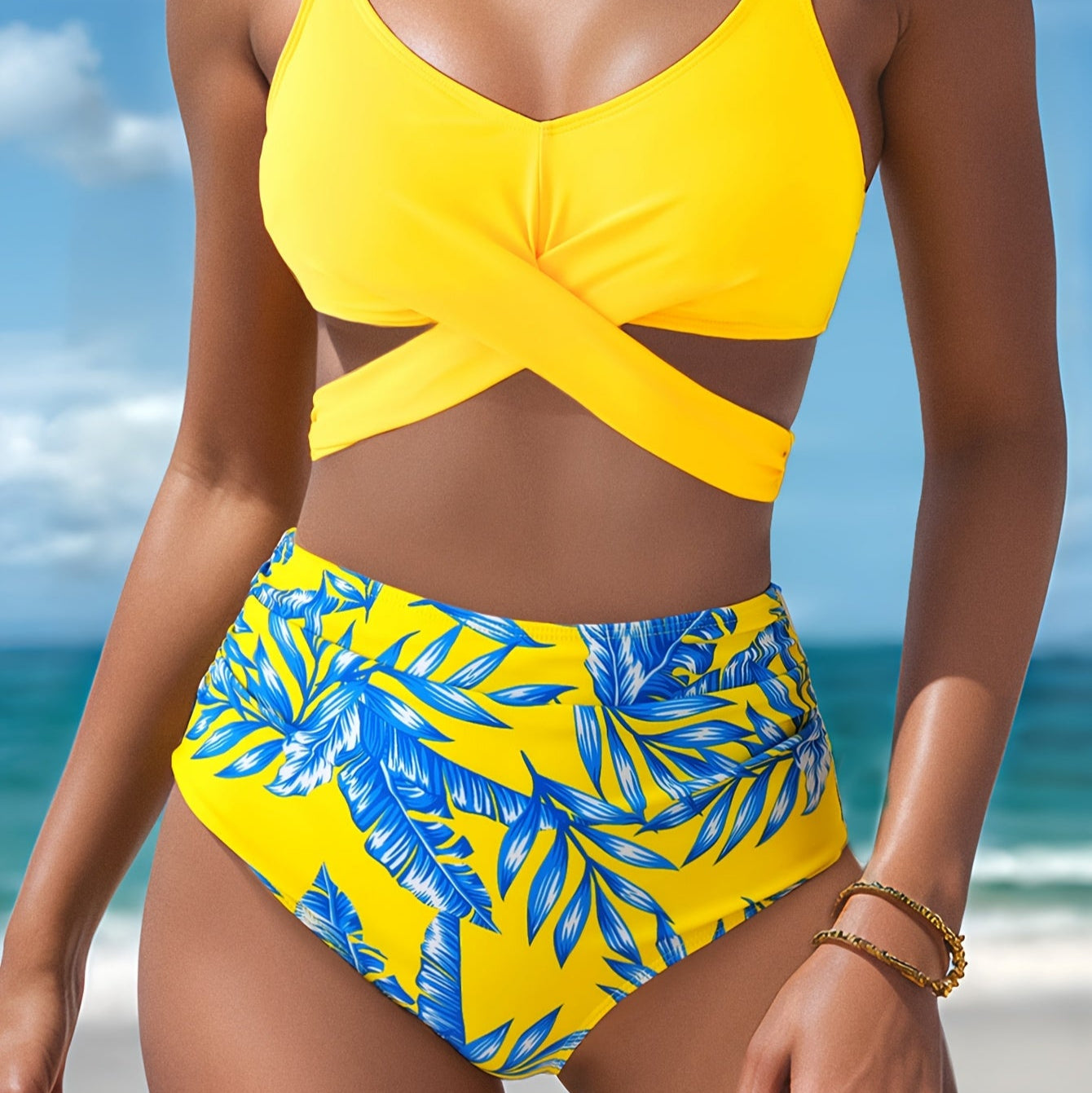 Island Flora – Cross-Strap Ruched Swimwear