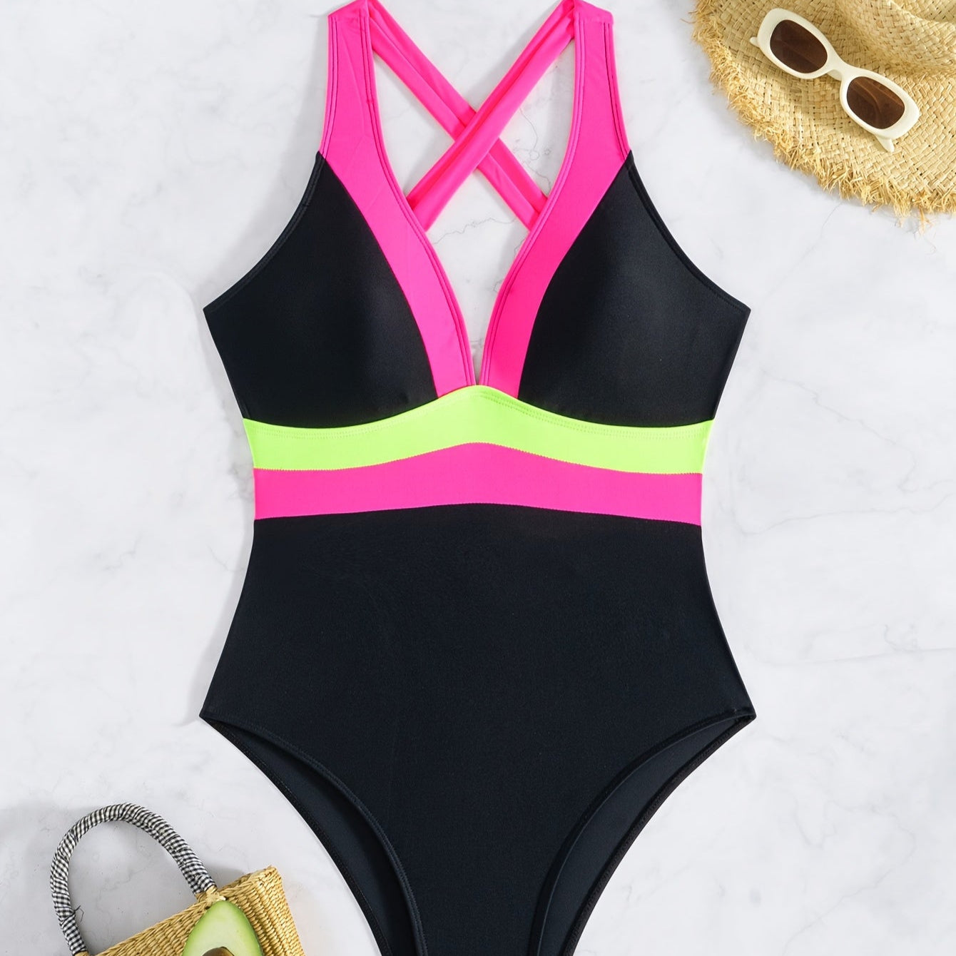 Marjori Elegant V-Neck One-Piece Swimsuit – with Pink & Yellow Details
