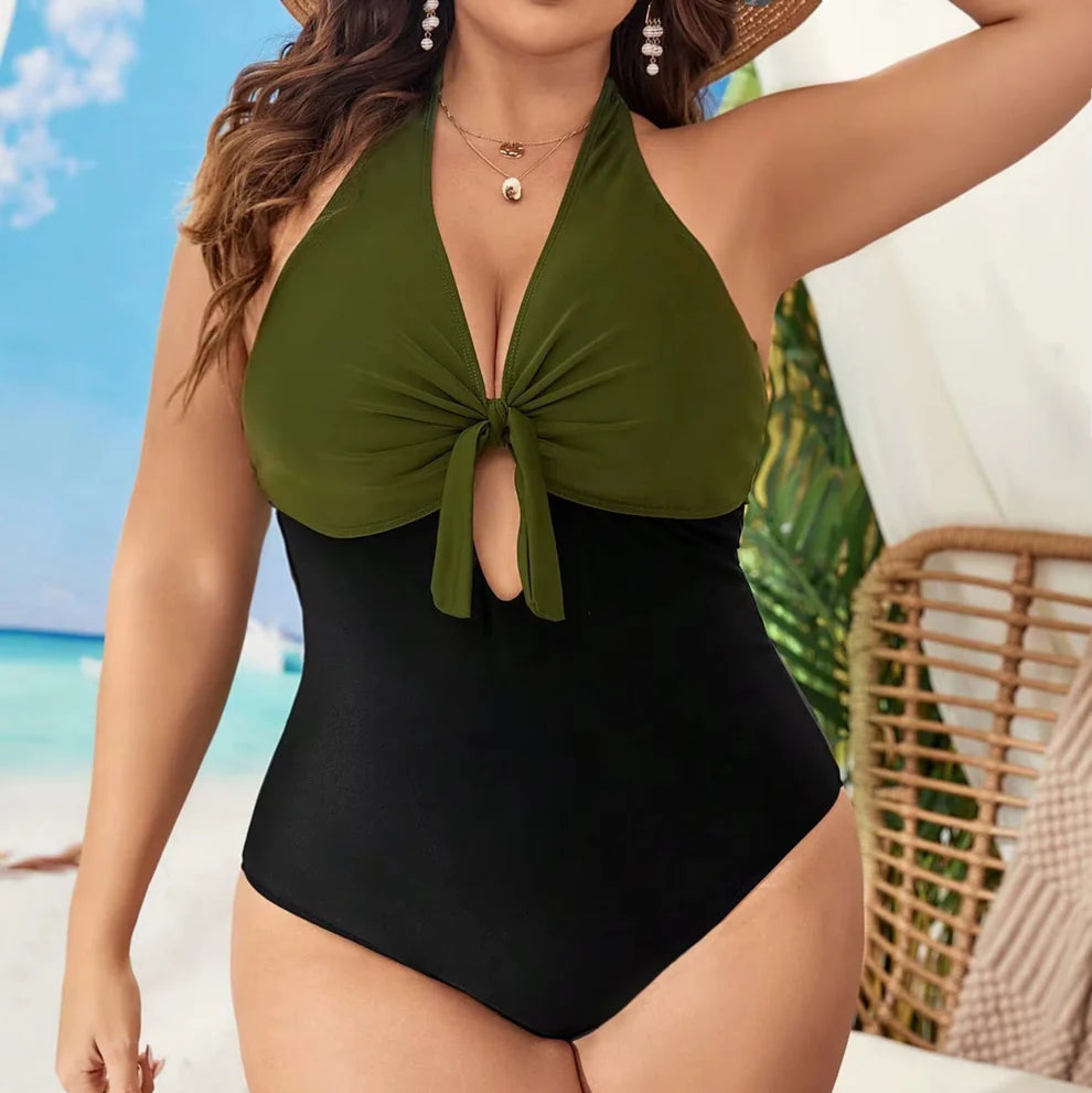 Two-Tone Knot Front Plus Size One-Piece – Halter V-Neck