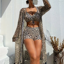 Bikini with geometric print and beach cover up