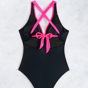 Marjori Elegant V-Neck One-Piece Swimsuit –  with Pink &amp; Yellow Details