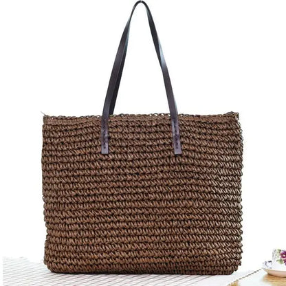 Woven Straw Boho Tote with Zip