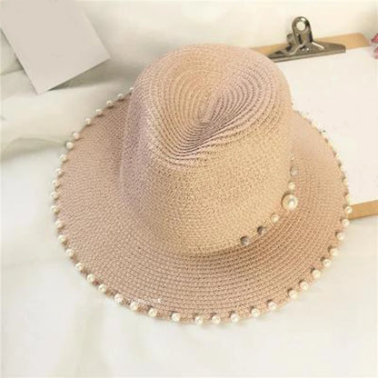 Women's Beaded Straw Fedora — Pearl Trim