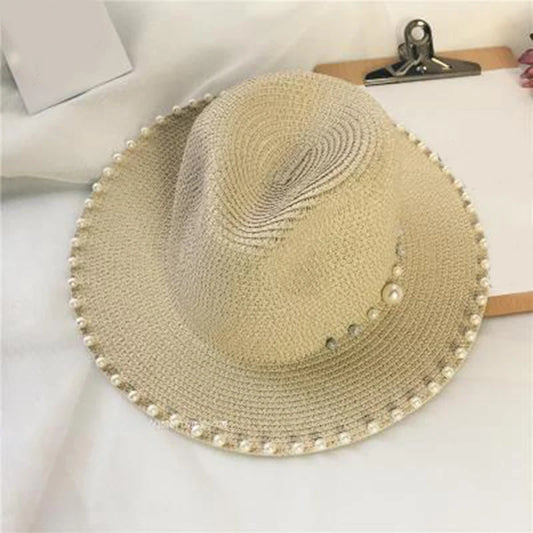 Women's Beaded Straw Fedora — Pearl Trim