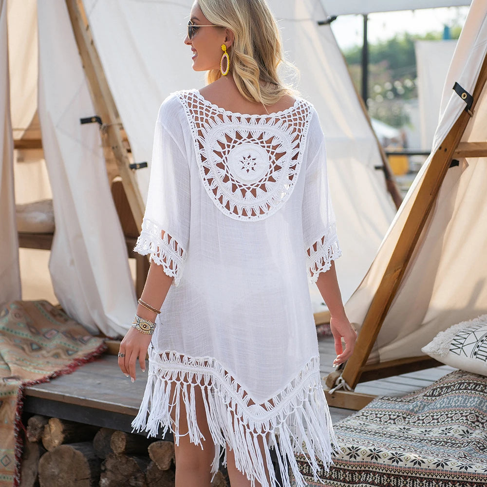 Solara beach cover-up with crochet fringes