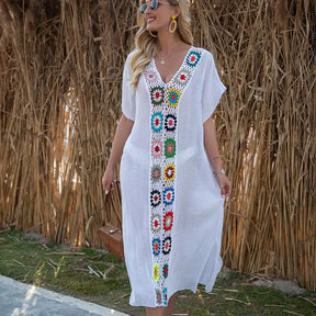 Sol Flor – Long Beach Cover-Up with Floral Crochet Detail