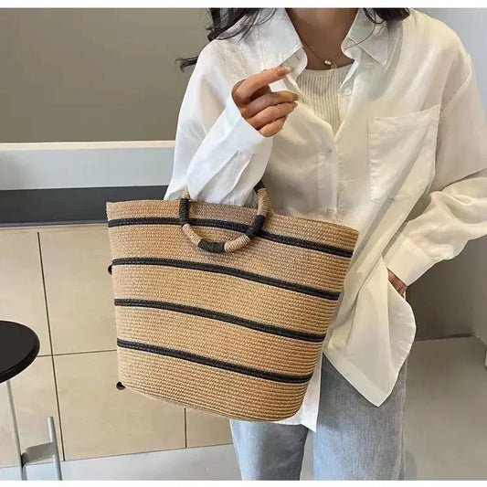 Striped Woven Straw Bucket Tote
