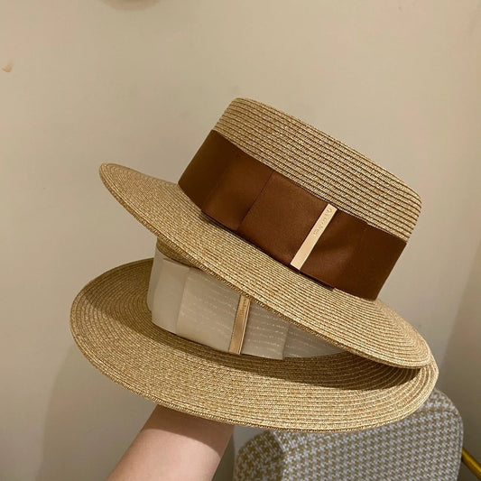 Women's Boater Straw Hat — Wide Grosgrain Ribbon