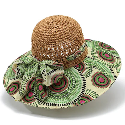 Women's Crochet Straw Sun Hat — Paisley Fabric Brim &amp; Bow
