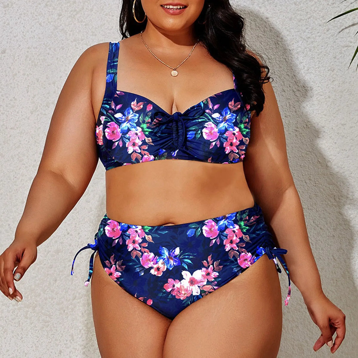 Plus Size Solid One-Piece – Classic V-Neck Ruffle Trim
