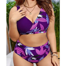 Women's Plus Size V-Neck Colorblock Floral Bikini Set