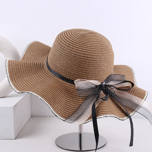 Women's Wide-Brim Sun Hat — Wavy Edge &amp; Sheer Bow