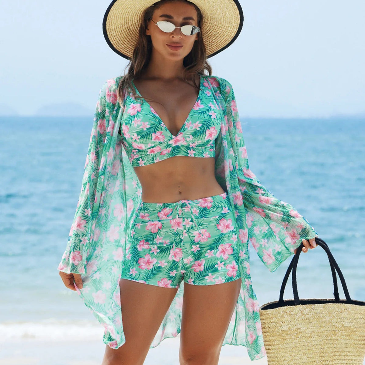 Tropical floral bikini set with beach cover up