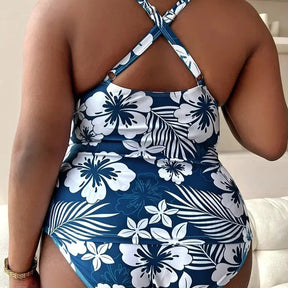 Blue Floral Plus Size Tankini Set – Longline Top &amp; High-Waist Bottom