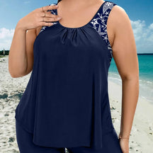 Floral Vest-Style Plus Size Tankini Set – Mid-Thigh Shorts