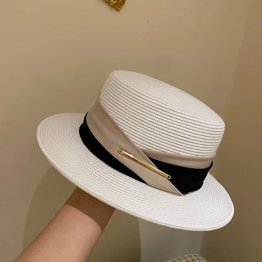 Women's Boater Straw Hat — Layered Ribbon Band &amp; Gold Bar
