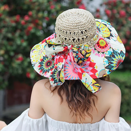 Women's Crochet Straw Sun Hat — Paisley Fabric Brim &amp; Bow