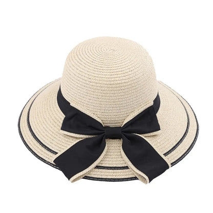 Women's Wide-Brim Straw Sun Hat — Back Bow Ribbon